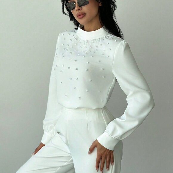 White Elegant Women's Romantic Pearl detailed Ruched Long Sleeve Blouse - Picture 4 of 6